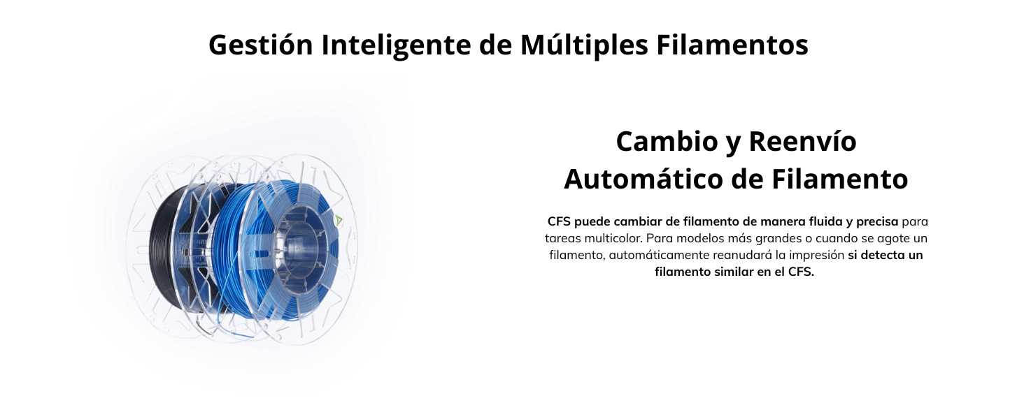                      El sistema CFS cuenta con sensores que monitorean el estado de cada bobina de filamento. Si un                     filamento se agota o se enreda, el sistema te notificará de inmediato, evitando interrupciones                     inesperadas durante la impresión.                   